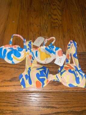 Colorful Abstract Print Underwire Bikini Top - Yellow Blue Pink
